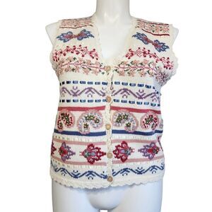 Vintage Ivy sweater knit embroidered paisley floral Fair Isle Boho Cottagecore L